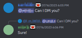 A screenshot of two users. The first is asking if they are allowed to DM the second user. The second user responds with 'Sure!'