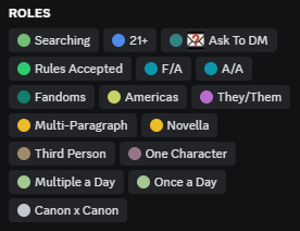 A screenshot of some roles in a roleplay hub Discord server indicating various preferences, including age, pronouns, and DM status.