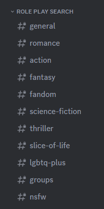 A screenshot of the 'Role Play Search' section of a Discord roleplay hub server.