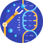 A minimalist blue icon depicting a machine interacting with a strand of DNA.